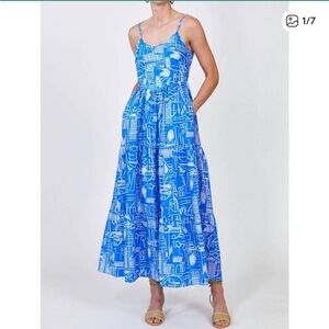 HUNTER BELL Blue and White Patterned Maxi Dress